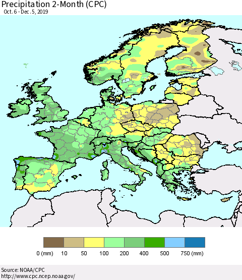Europe Precipitation 2-Month (CPC) Thematic Map For 10/6/2019 - 12/5/2019