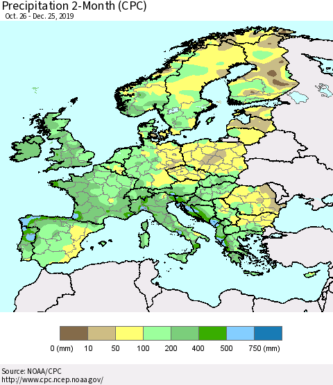 Europe Precipitation 2-Month (CPC) Thematic Map For 10/26/2019 - 12/25/2019