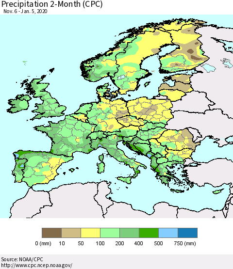 Europe Precipitation 2-Month (CPC) Thematic Map For 11/6/2019 - 1/5/2020