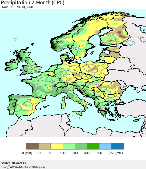 Europe Precipitation 2-Month (CPC) Thematic Map For 11/11/2019 - 1/10/2020