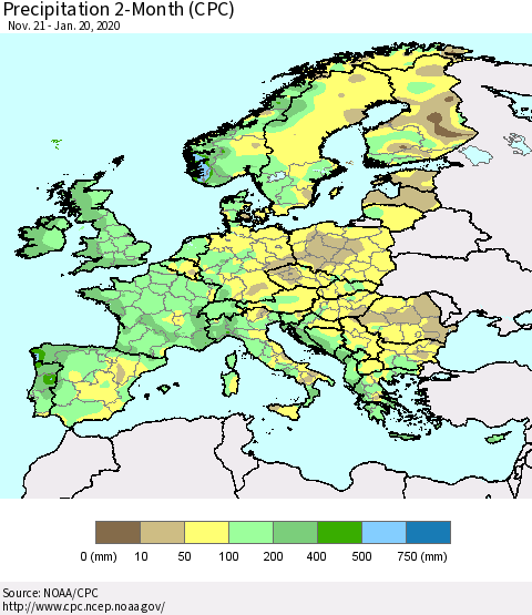 Europe Precipitation 2-Month (CPC) Thematic Map For 11/21/2019 - 1/20/2020
