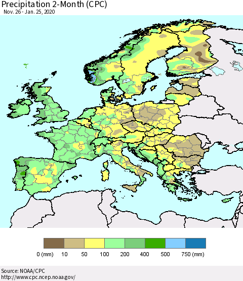Europe Precipitation 2-Month (CPC) Thematic Map For 11/26/2019 - 1/25/2020