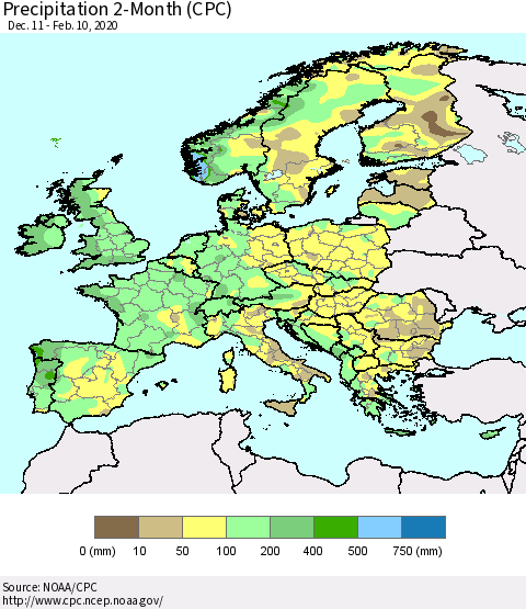 Europe Precipitation 2-Month (CPC) Thematic Map For 12/11/2019 - 2/10/2020