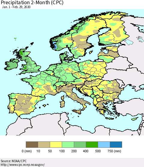 Europe Precipitation 2-Month (CPC) Thematic Map For 1/1/2020 - 2/29/2020