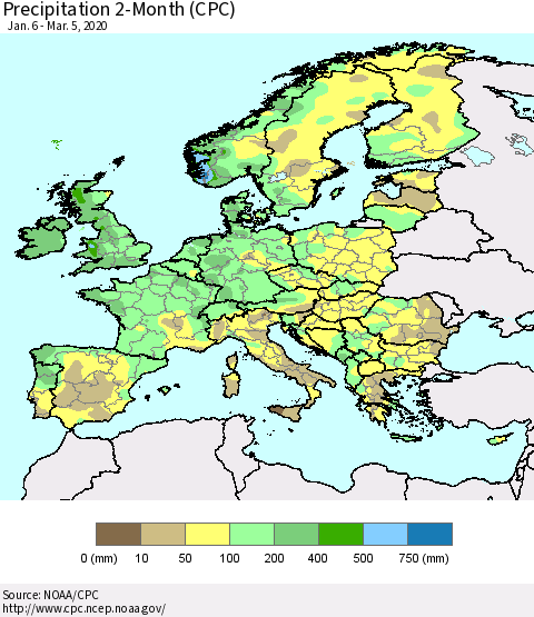 Europe Precipitation 2-Month (CPC) Thematic Map For 1/6/2020 - 3/5/2020