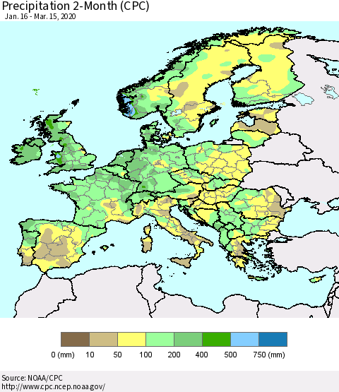 Europe Precipitation 2-Month (CPC) Thematic Map For 1/16/2020 - 3/15/2020