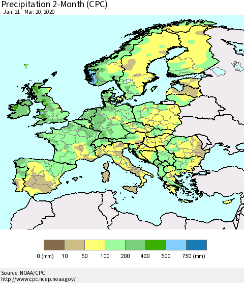 Europe Precipitation 2-Month (CPC) Thematic Map For 1/21/2020 - 3/20/2020