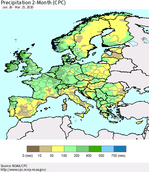 Europe Precipitation 2-Month (CPC) Thematic Map For 1/26/2020 - 3/25/2020