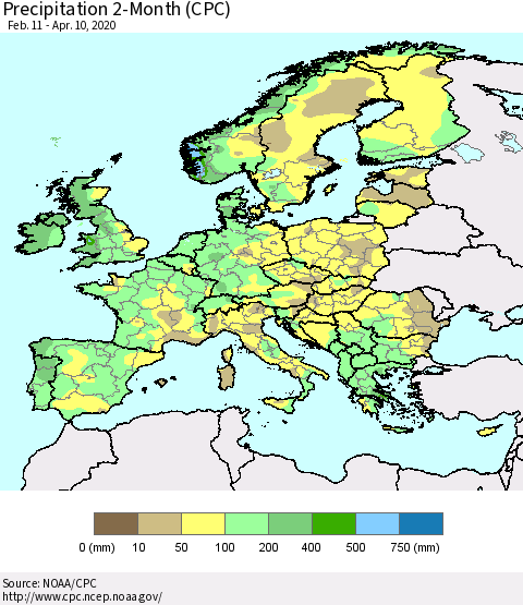 Europe Precipitation 2-Month (CPC) Thematic Map For 2/11/2020 - 4/10/2020
