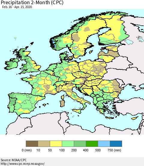 Europe Precipitation 2-Month (CPC) Thematic Map For 2/16/2020 - 4/15/2020
