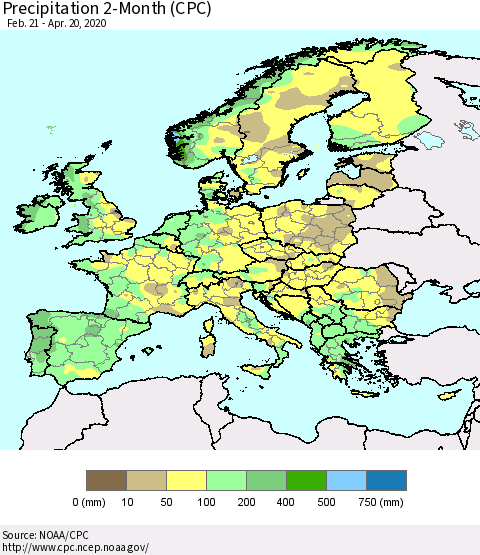 Europe Precipitation 2-Month (CPC) Thematic Map For 2/21/2020 - 4/20/2020
