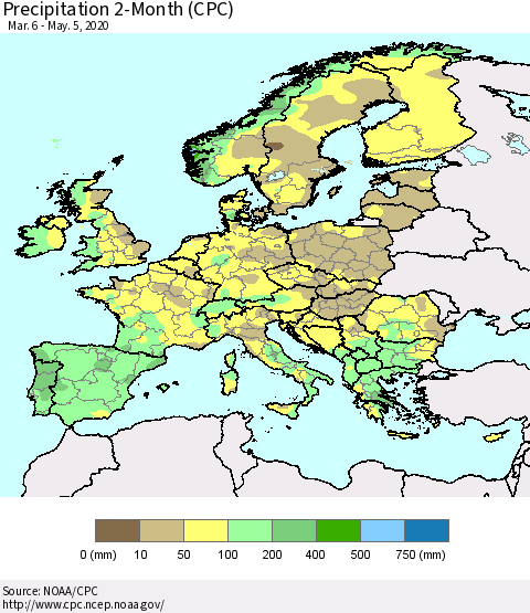 Europe Precipitation 2-Month (CPC) Thematic Map For 3/6/2020 - 5/5/2020
