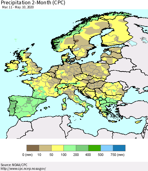 Europe Precipitation 2-Month (CPC) Thematic Map For 3/11/2020 - 5/10/2020