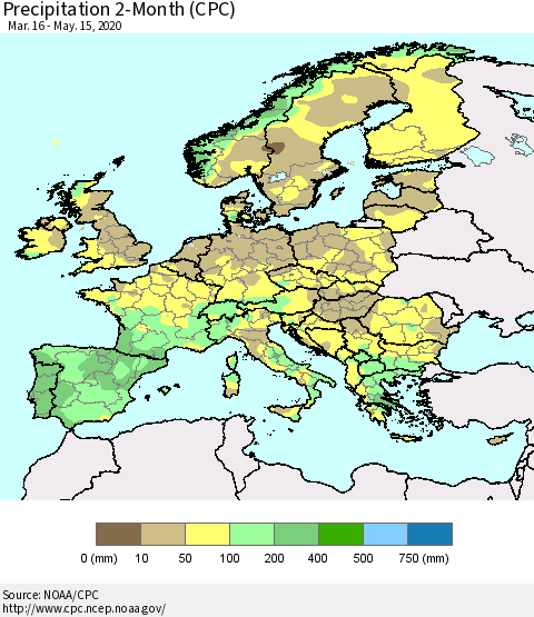 Europe Precipitation 2-Month (CPC) Thematic Map For 3/16/2020 - 5/15/2020