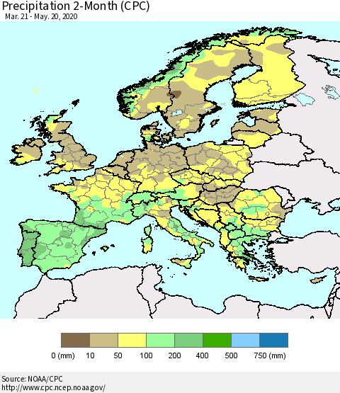 Europe Precipitation 2-Month (CPC) Thematic Map For 3/21/2020 - 5/20/2020