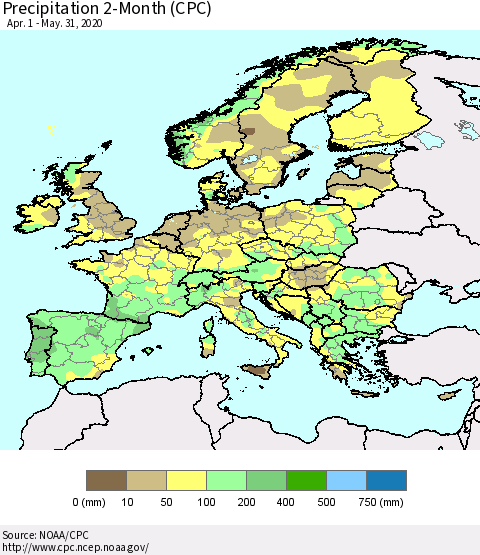 Europe Precipitation 2-Month (CPC) Thematic Map For 4/1/2020 - 5/31/2020