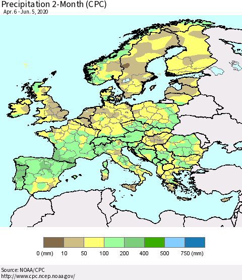 Europe Precipitation 2-Month (CPC) Thematic Map For 4/6/2020 - 6/5/2020
