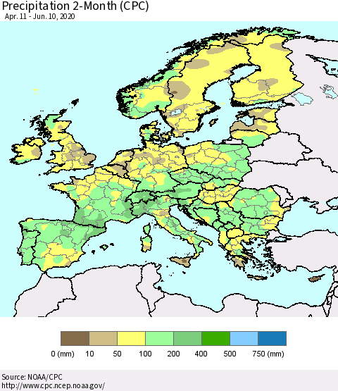 Europe Precipitation 2-Month (CPC) Thematic Map For 4/11/2020 - 6/10/2020