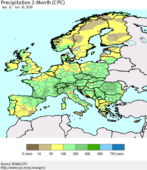 Europe Precipitation 2-Month (CPC) Thematic Map For 4/21/2020 - 6/20/2020