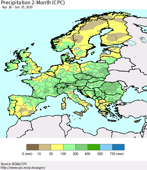 Europe Precipitation 2-Month (CPC) Thematic Map For 4/26/2020 - 6/25/2020
