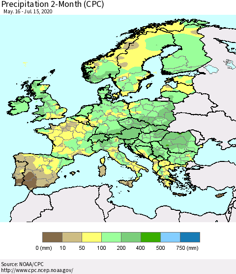 Europe Precipitation 2-Month (CPC) Thematic Map For 5/16/2020 - 7/15/2020