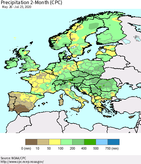 Europe Precipitation 2-Month (CPC) Thematic Map For 5/26/2020 - 7/25/2020