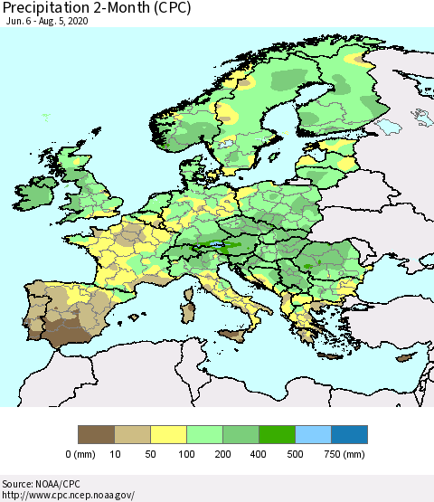 Europe Precipitation 2-Month (CPC) Thematic Map For 6/6/2020 - 8/5/2020