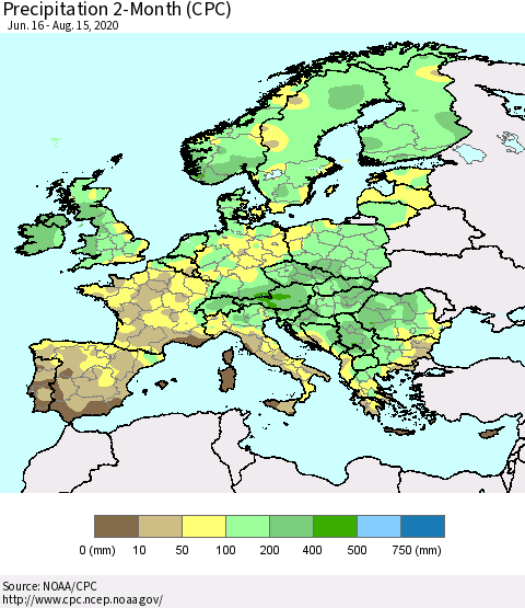 Europe Precipitation 2-Month (CPC) Thematic Map For 6/16/2020 - 8/15/2020