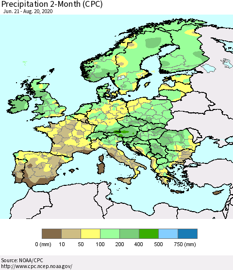 Europe Precipitation 2-Month (CPC) Thematic Map For 6/21/2020 - 8/20/2020