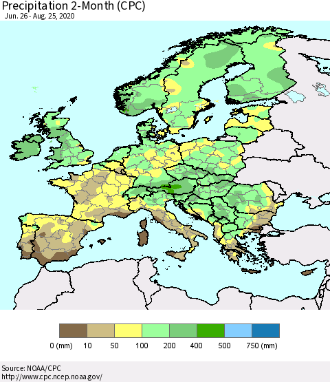 Europe Precipitation 2-Month (CPC) Thematic Map For 6/26/2020 - 8/25/2020