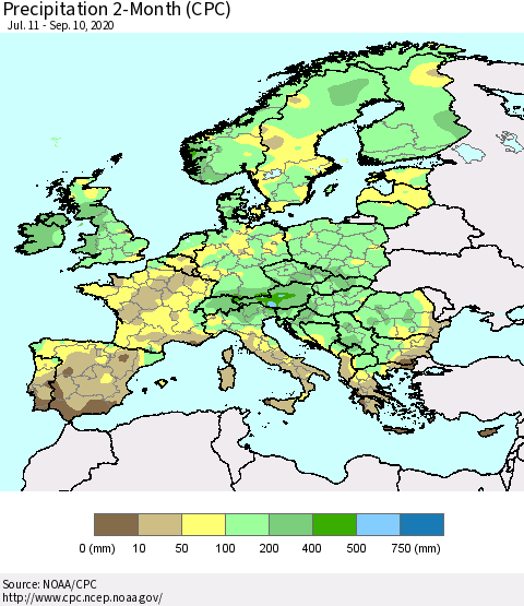 Europe Precipitation 2-Month (CPC) Thematic Map For 7/11/2020 - 9/10/2020