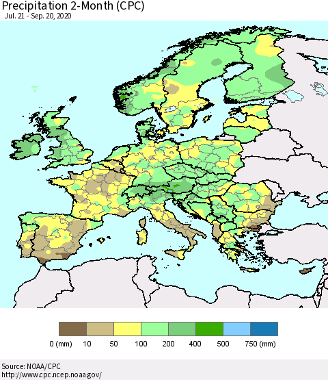Europe Precipitation 2-Month (CPC) Thematic Map For 7/21/2020 - 9/20/2020