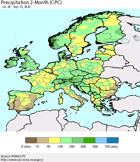 Europe Precipitation 2-Month (CPC) Thematic Map For 7/26/2020 - 9/25/2020