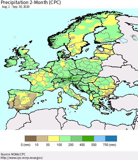 Europe Precipitation 2-Month (CPC) Thematic Map For 8/1/2020 - 9/30/2020