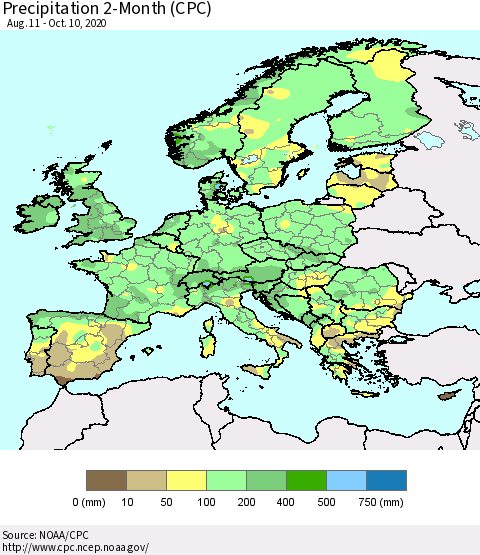 Europe Precipitation 2-Month (CPC) Thematic Map For 8/11/2020 - 10/10/2020