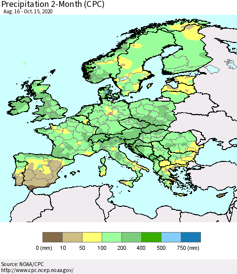 Europe Precipitation 2-Month (CPC) Thematic Map For 8/16/2020 - 10/15/2020