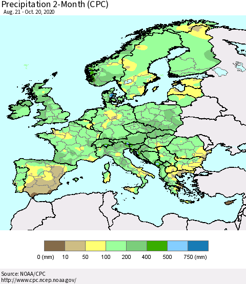 Europe Precipitation 2-Month (CPC) Thematic Map For 8/21/2020 - 10/20/2020