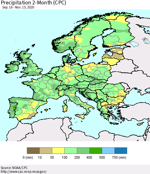 Europe Precipitation 2-Month (CPC) Thematic Map For 9/16/2020 - 11/15/2020