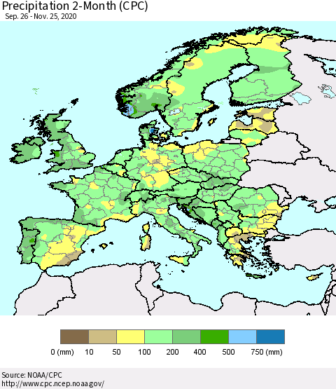 Europe Precipitation 2-Month (CPC) Thematic Map For 9/26/2020 - 11/25/2020