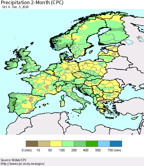 Europe Precipitation 2-Month (CPC) Thematic Map For 10/6/2020 - 12/5/2020