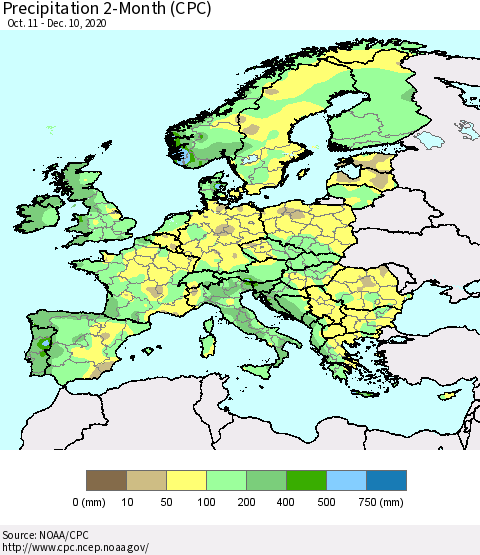 Europe Precipitation 2-Month (CPC) Thematic Map For 10/11/2020 - 12/10/2020