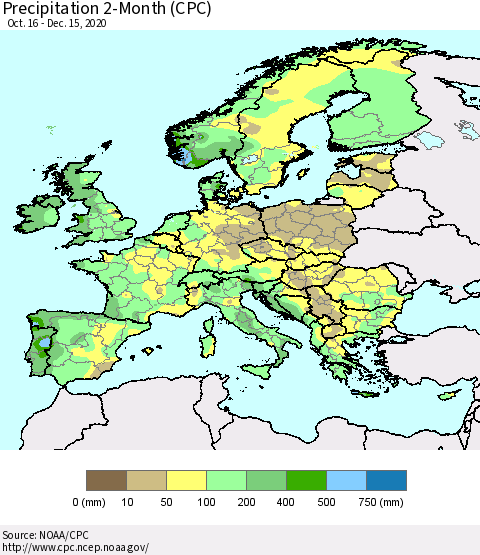 Europe Precipitation 2-Month (CPC) Thematic Map For 10/16/2020 - 12/15/2020
