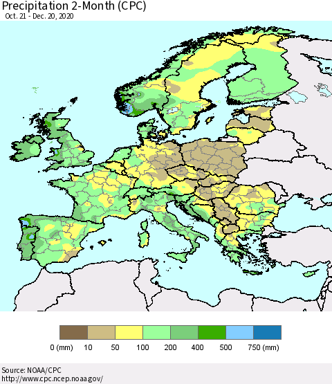 Europe Precipitation 2-Month (CPC) Thematic Map For 10/21/2020 - 12/20/2020