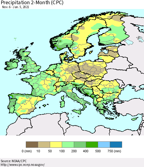 Europe Precipitation 2-Month (CPC) Thematic Map For 11/6/2020 - 1/5/2021