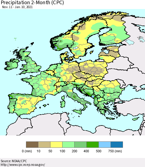 Europe Precipitation 2-Month (CPC) Thematic Map For 11/11/2020 - 1/10/2021