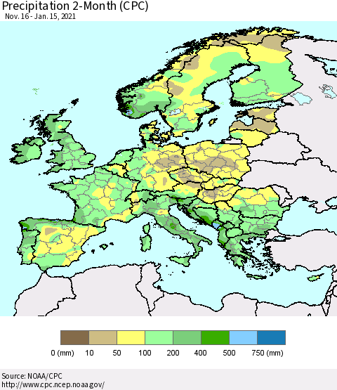 Europe Precipitation 2-Month (CPC) Thematic Map For 11/16/2020 - 1/15/2021