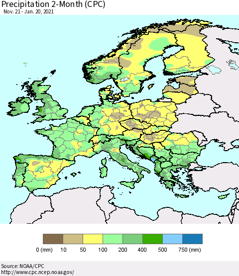 Europe Precipitation 2-Month (CPC) Thematic Map For 11/21/2020 - 1/20/2021