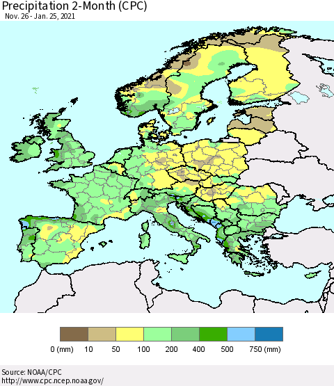 Europe Precipitation 2-Month (CPC) Thematic Map For 11/26/2020 - 1/25/2021