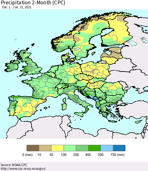 Europe Precipitation 2-Month (CPC) Thematic Map For 12/1/2020 - 1/31/2021