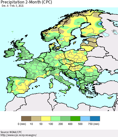 Europe Precipitation 2-Month (CPC) Thematic Map For 12/6/2020 - 2/5/2021
